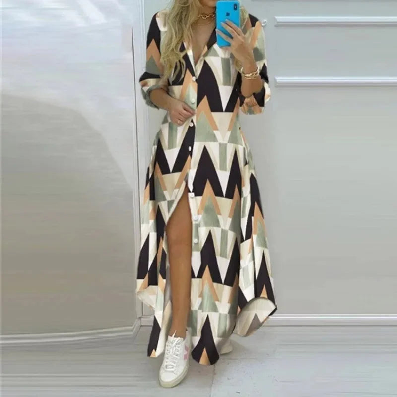 Elegant Floral Print Single Button Asymmetrical Hem Shirt Dress Long Ankle