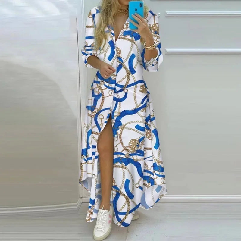 Elegant Floral Print Single Button Asymmetrical Hem Shirt Dress Long Ankle