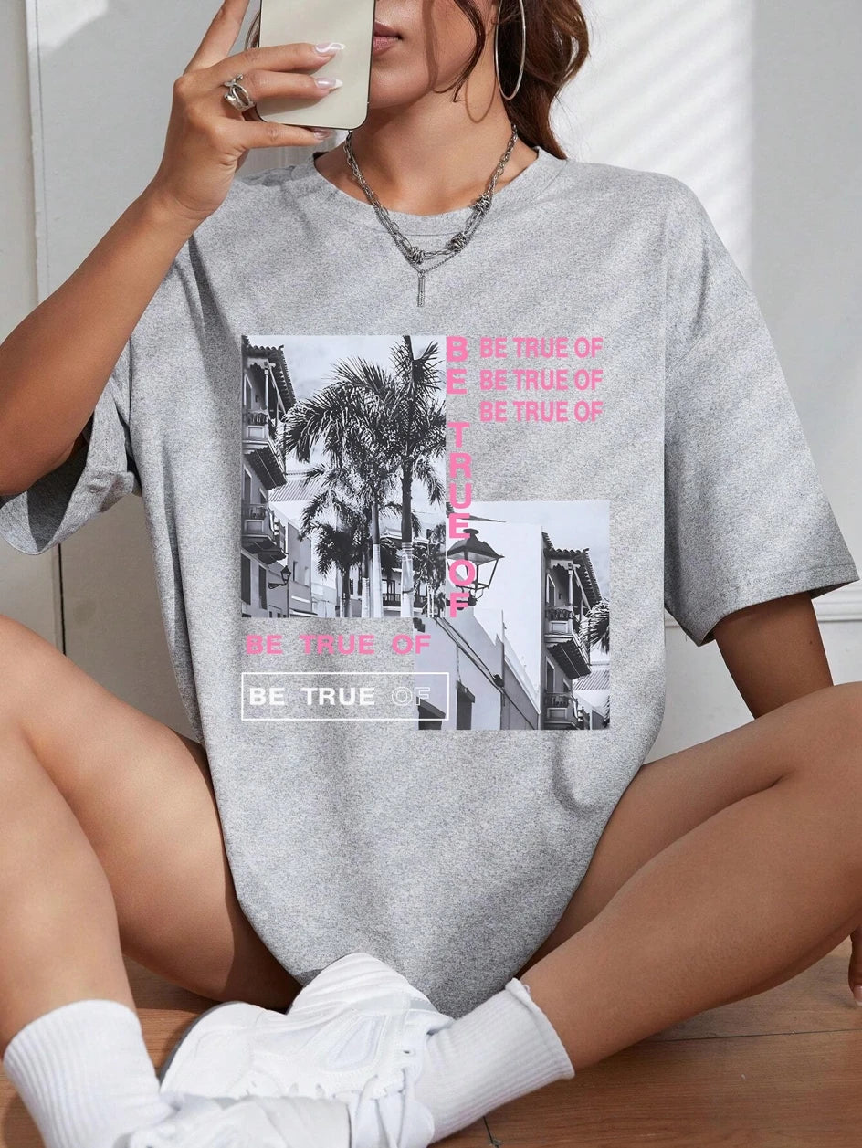 Graphic & Letter Print Crew Neck T-Shirt Women Summer O-Neck T Shirts Cotton Plus Size Short Sleeve Sport Casual Shirt