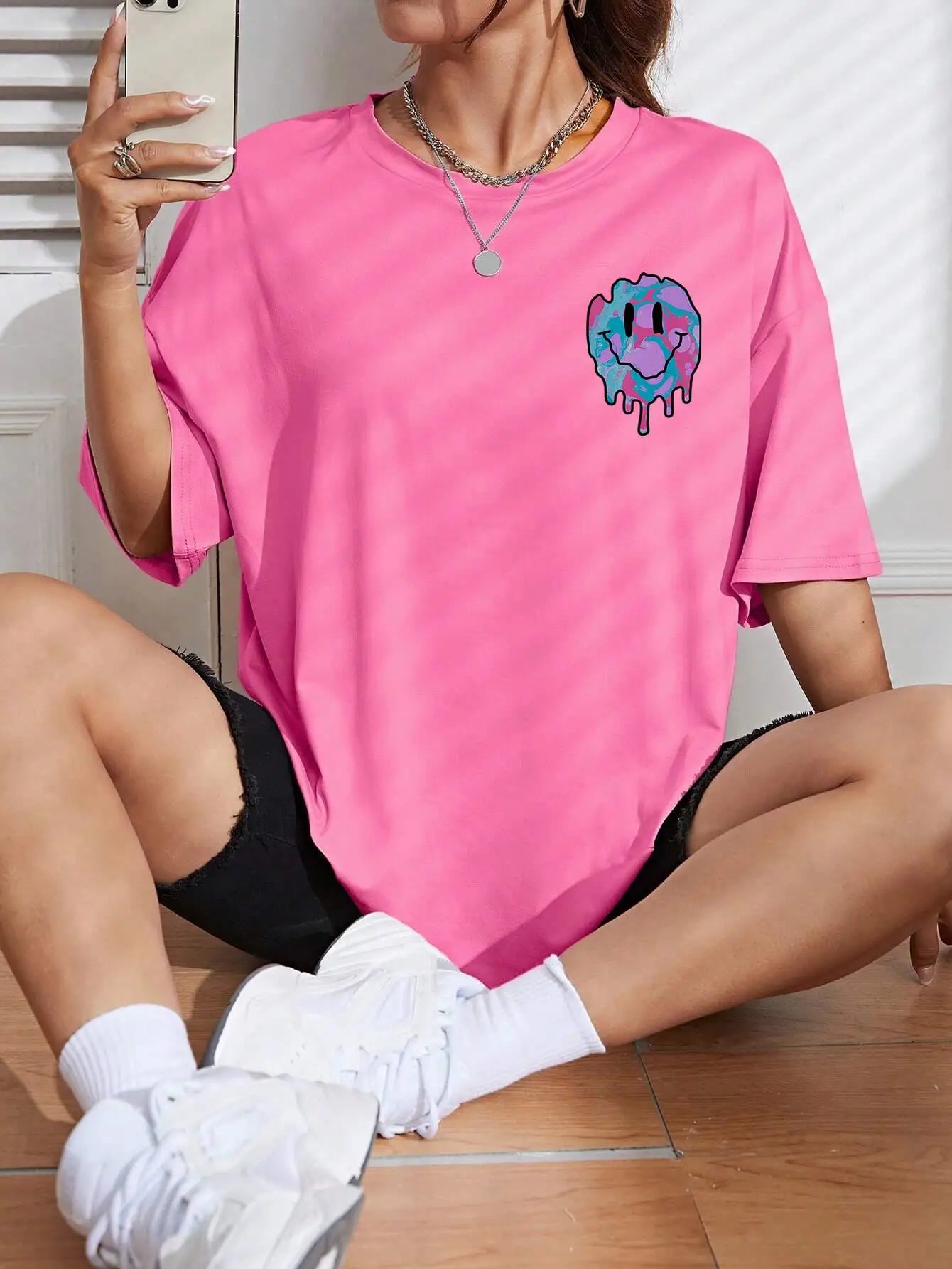 Funny Smile Face Print Female Tshirt Street Casual