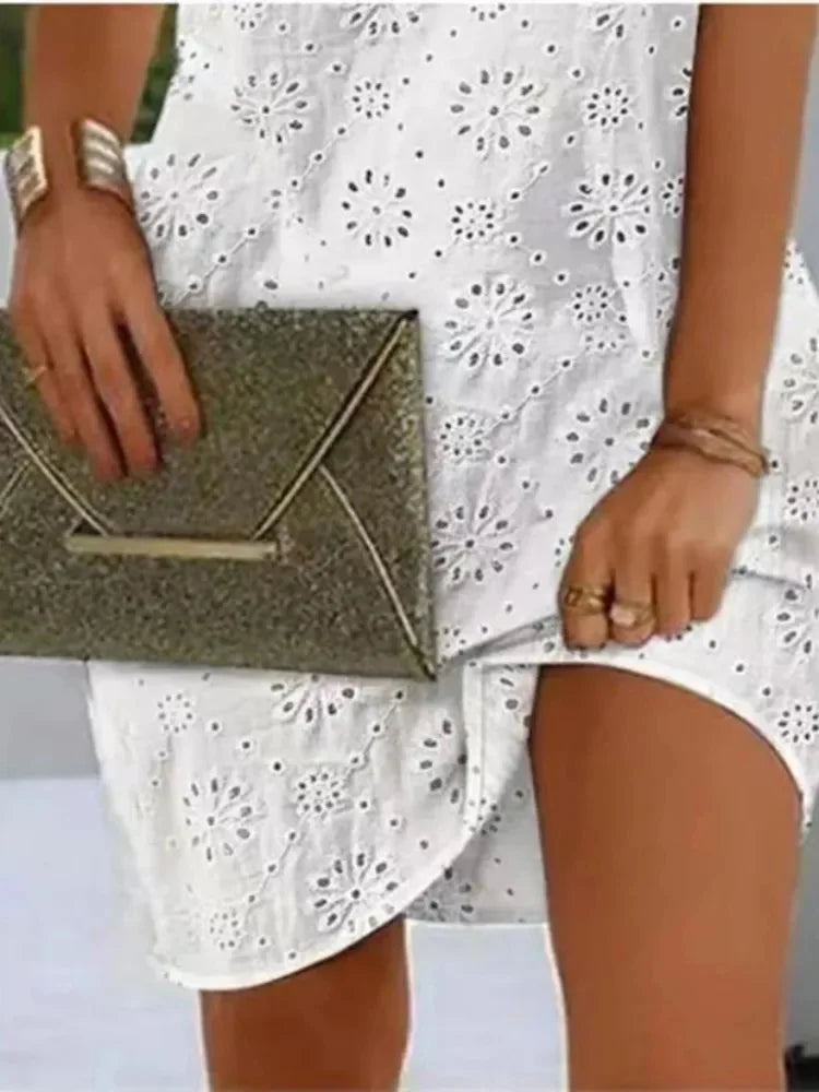 Elegant Dresses V-Neck Eyelet Embroidery Tied Detail Sleeveless