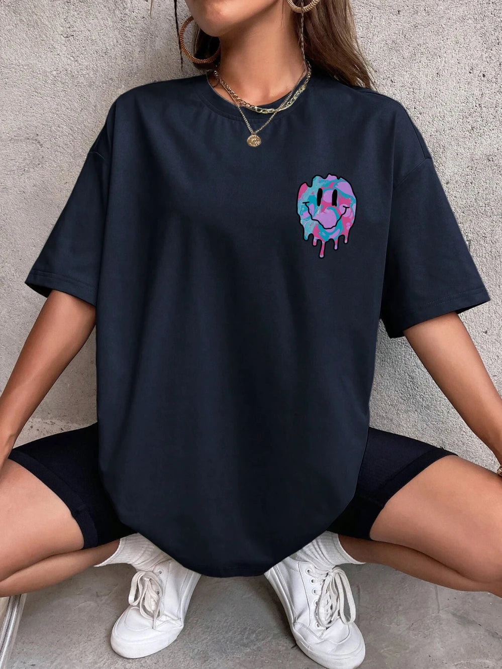 Funny Smile Face Print Female Tshirt Street Casual All Match T-Shirt Fashion Soft Clothes Hip Hop Breathable Tee Shirts Women