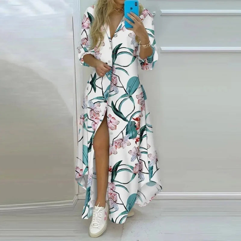 Elegant Floral Print Single Button Asymmetrical Hem Shirt Dress Long Ankle