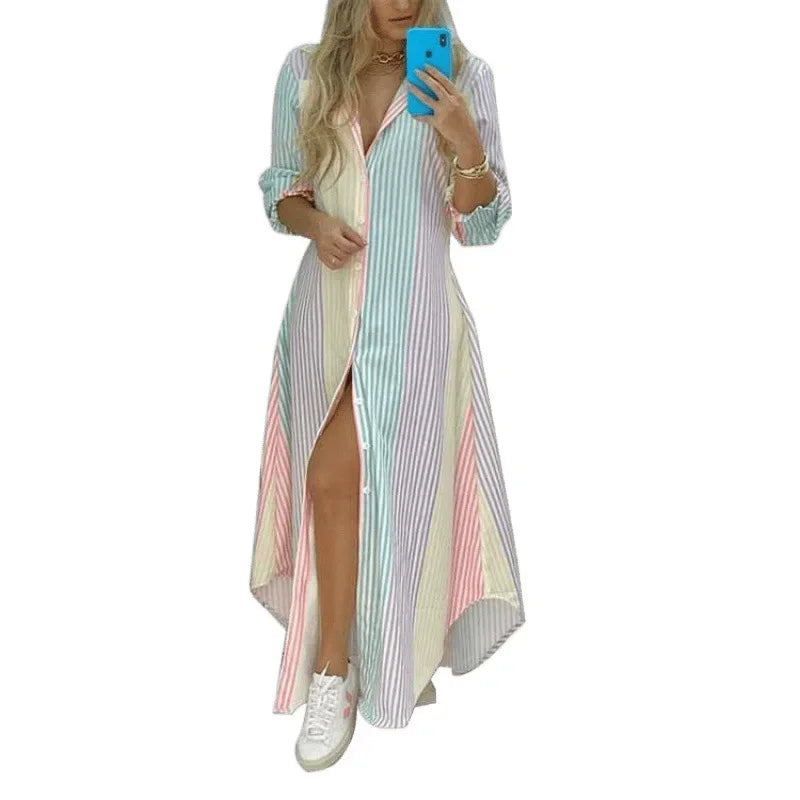 Elegant Floral Print Single Button Asymmetrical Hem Shirt Dress Long Ankle