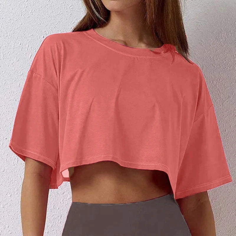 Cotton Women Short Sleeve Dance Running Clothes Yoga Fitness Crop Top Navel Baring New Sport T-shirt Loose Gym Workout Shirts