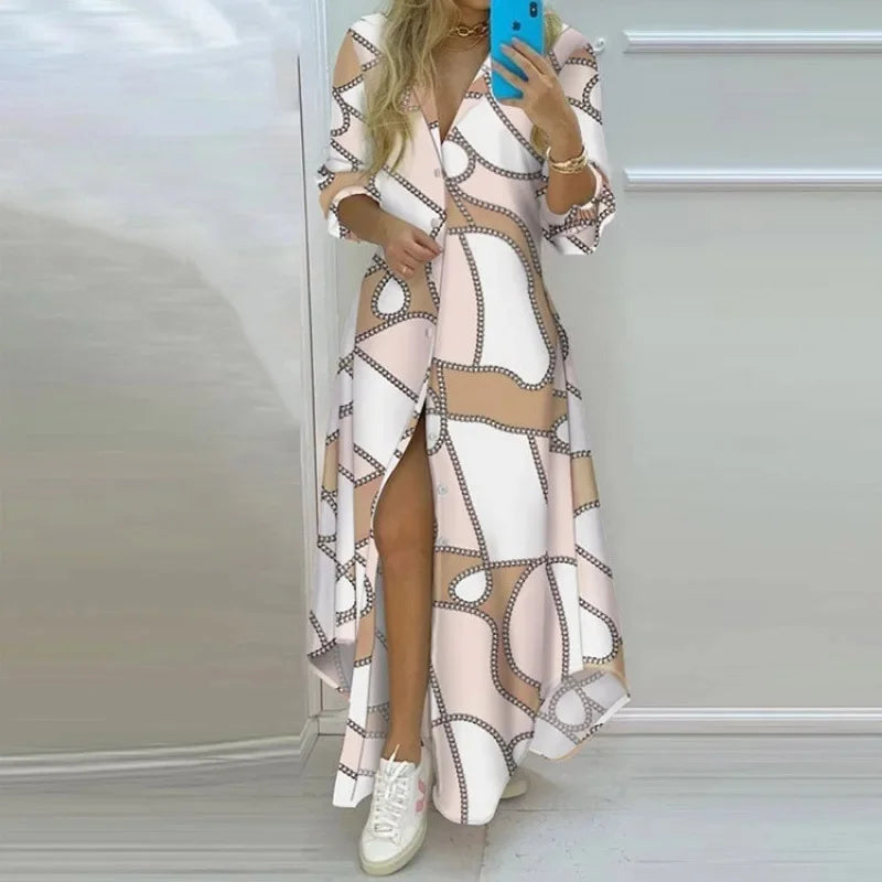 Elegant Floral Print Single Button Asymmetrical Hem Shirt Dress Long Ankle