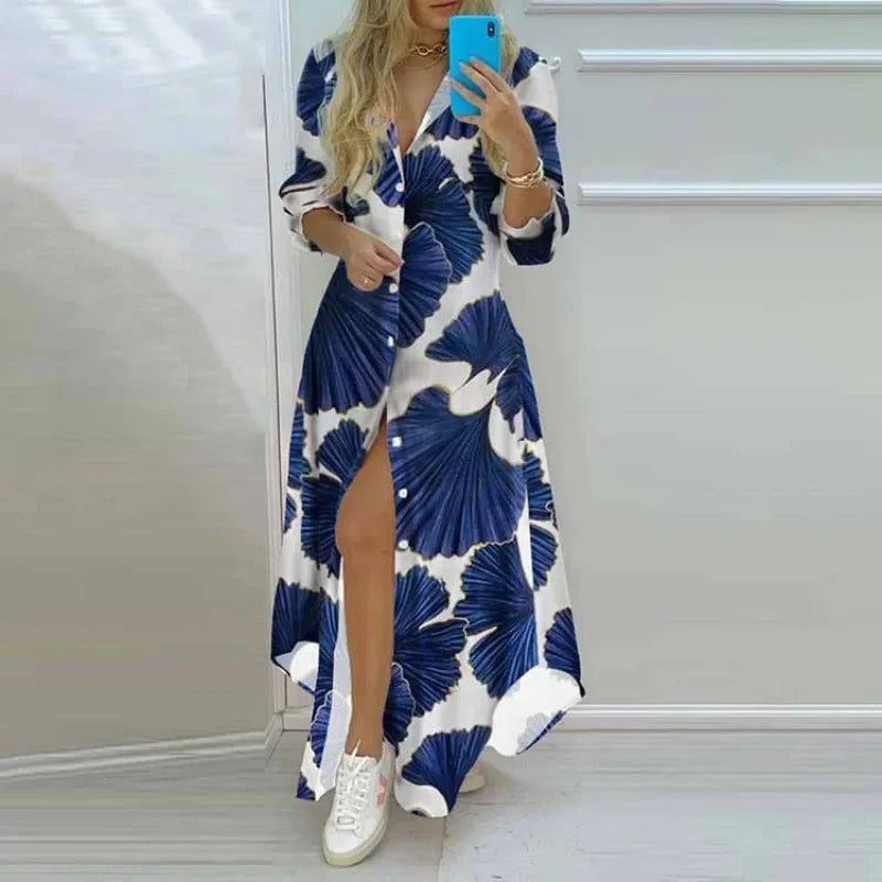 Elegant Floral Print Single Button Asymmetrical Hem Shirt Dress Long Ankle