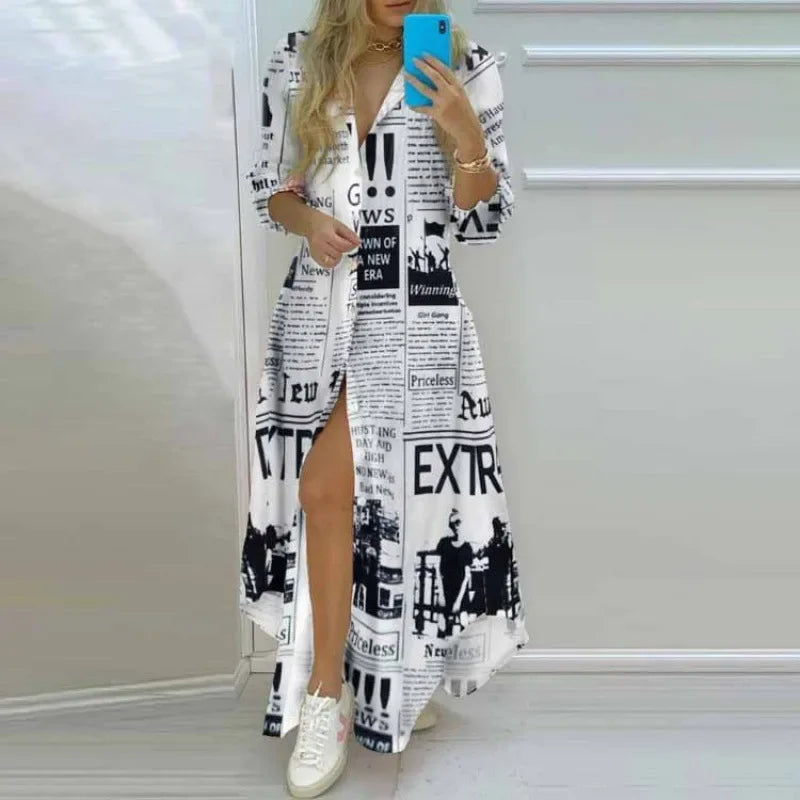 Elegant Floral Print Single Button Asymmetrical Hem Shirt Dress Long Ankle