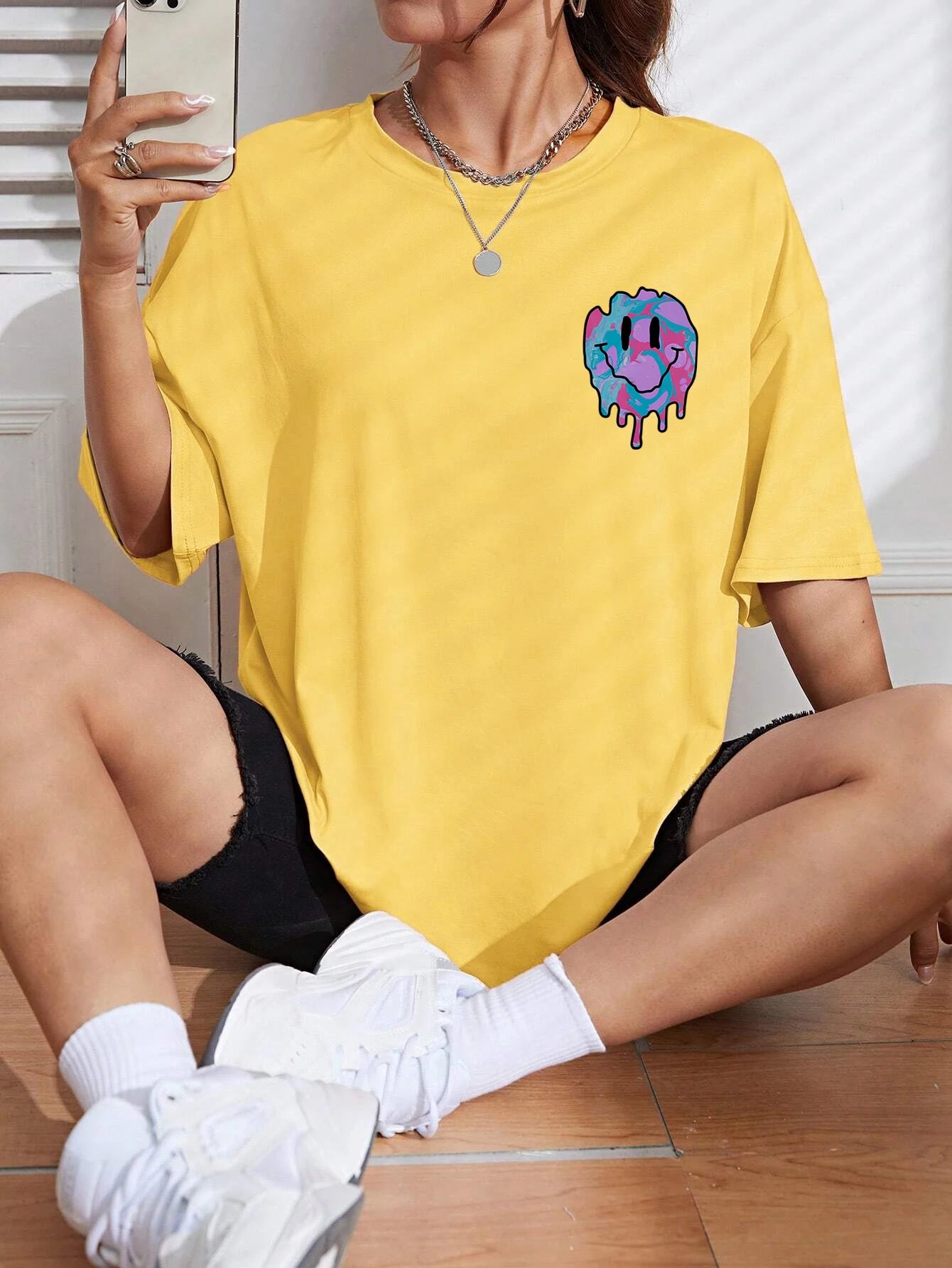 Funny Smile Face Print Female Tshirt Street Casual