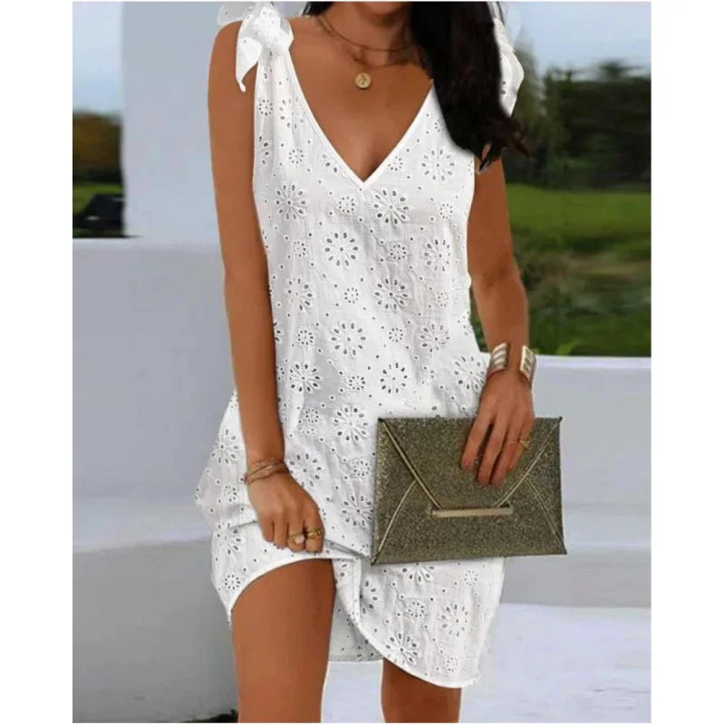 Elegant Dresses V-Neck Eyelet Embroidery Tied Detail Sleeveless