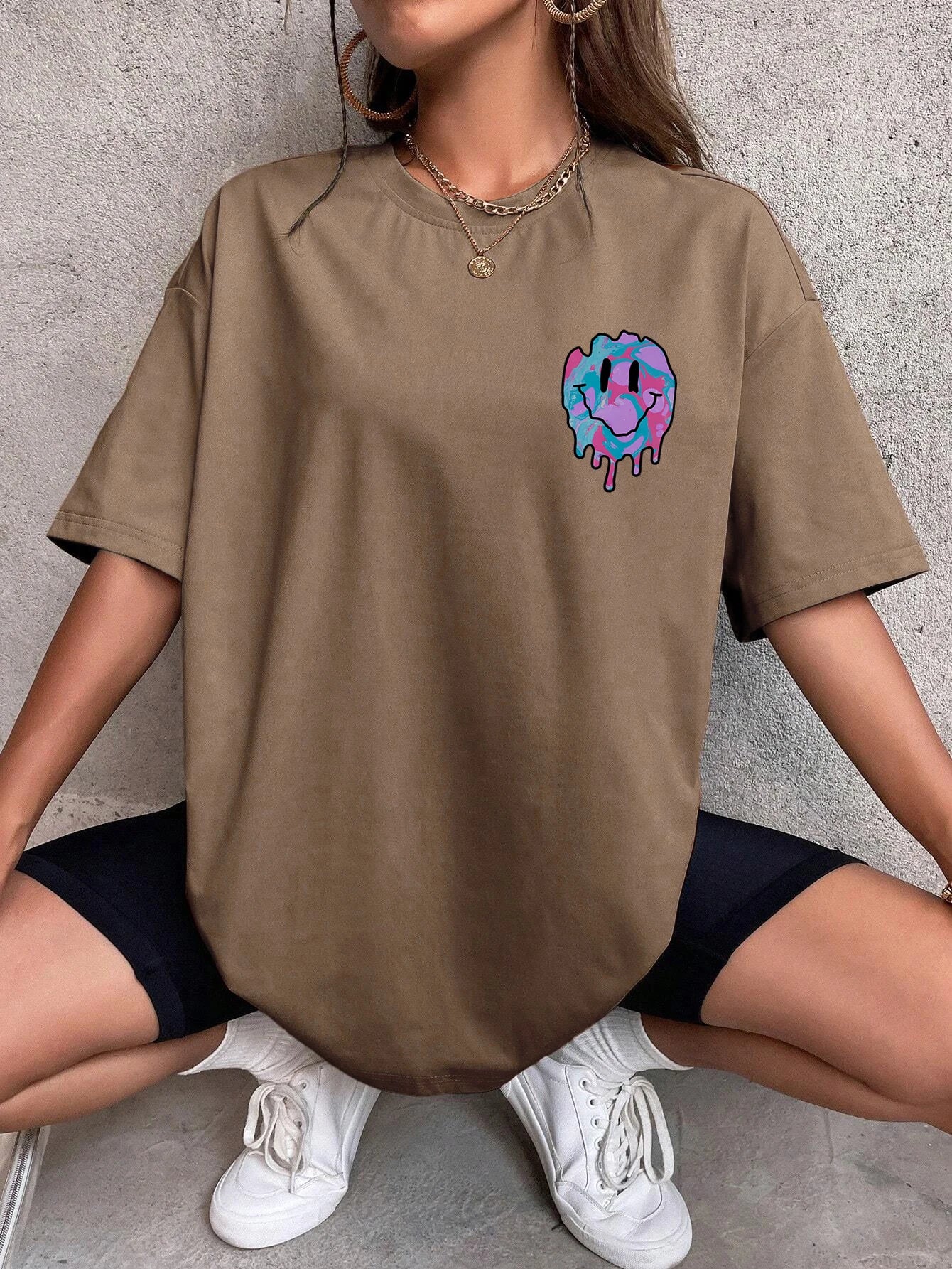 Funny Smile Face Print Female Tshirt Street Casual