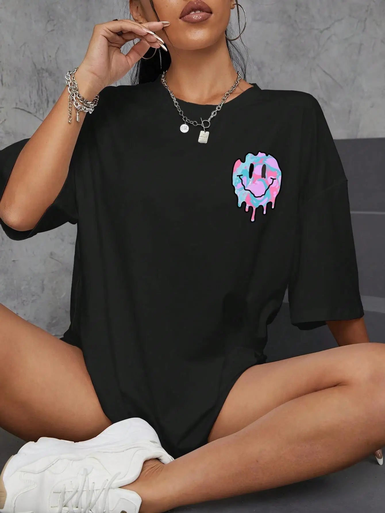 Funny Smile Face Print Female Tshirt Street Casual