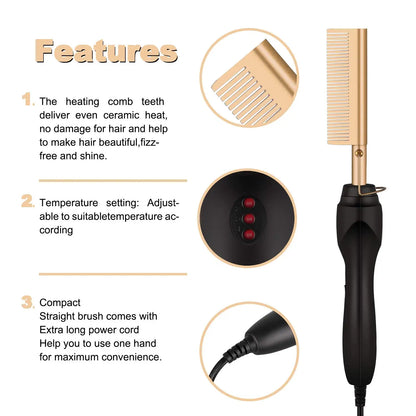 2 in1 Hot Comb Hair Straightener Electric Heating Comb Fast Heating Portable