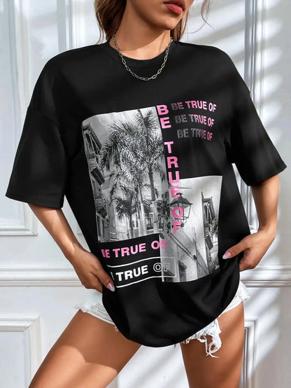Graphic & Letter Print Crew Neck T-Shirt Women Summer O-Neck T Shirts Cotton Plus Size Short Sleeve Sport Casual Shirt