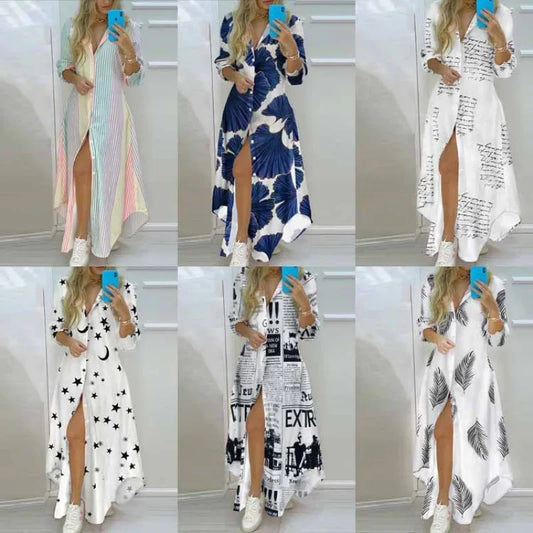 Elegant Floral Print Single Button Asymmetrical Hem Shirt Dress Long Ankle