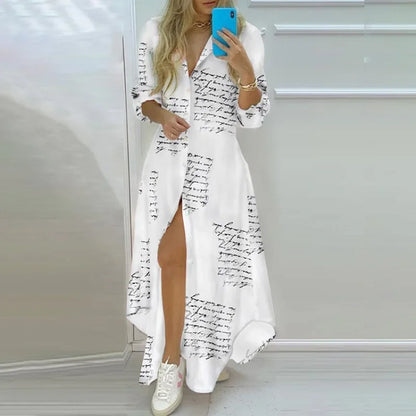 Elegant Floral Print Single Button Asymmetrical Hem Shirt Dress Long Ankle