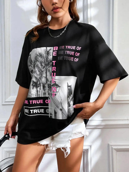 Graphic & Letter Print Crew Neck T-Shirt Women Summer O-Neck T Shirts Cotton Plus Size Short Sleeve Sport Casual Shirt