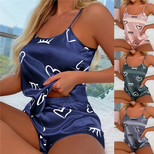 Women Ice Silk Pajamas Sleepwear Pajama Set Camisole Shorts L XL XXL Gray Pink Low Cut Comfortable Casual Summer