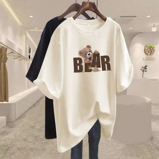 Summer Chic Letter Printing Bear T-shirt Women O-neck Short Sleeve Cotton Basic Top Tee Casual Loose Oversized Pullover 45-105Kg
