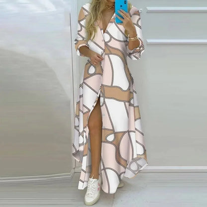 Elegant Floral Print Single Button Asymmetrical Hem Shirt Dress Long Ankle
