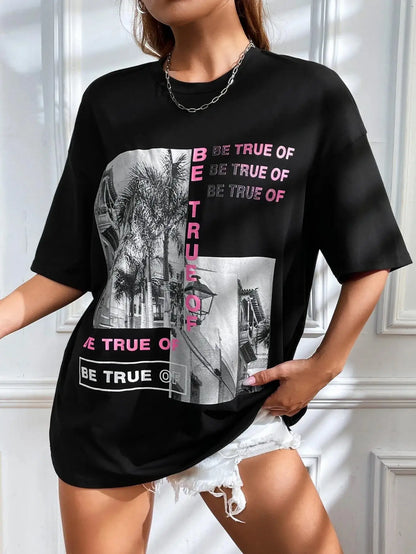 Graphic & Letter Print Crew Neck T-Shirt Women Summer O-Neck T Shirts Cotton Plus Size Short Sleeve Sport Casual Shirt