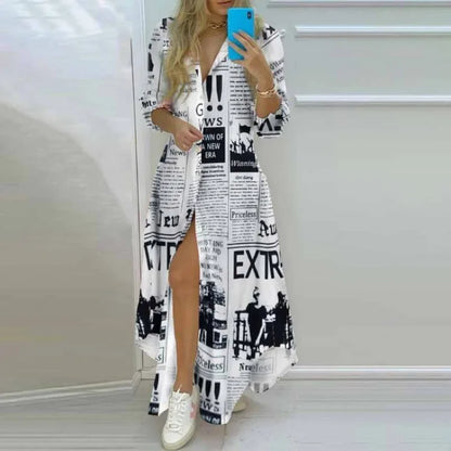 Elegant Floral Print Single Button Asymmetrical Hem Shirt Dress Long Ankle