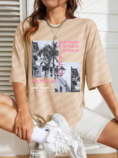 Graphic & Letter Print Crew Neck T-Shirt Women Summer O-Neck T Shirts Cotton Plus Size Short Sleeve Sport Casual Shirt