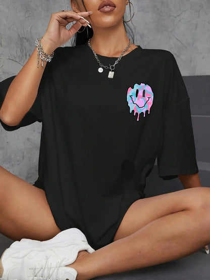 Funny Smile Face Print Female Tshirt Street Casual